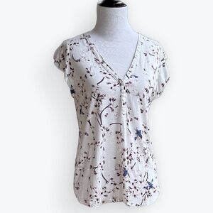 Anna Glover X H&M Blue Moth Rayon V-Neck Henley Short Fluttery Cap Sleeve Top ~S